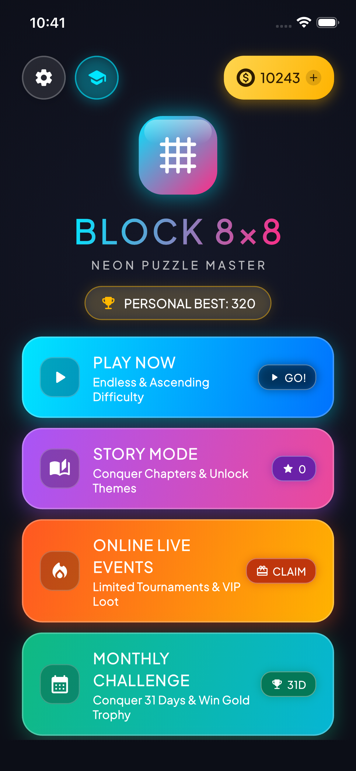 Block Puzzle 8x8 Neon Master Giao diện chính